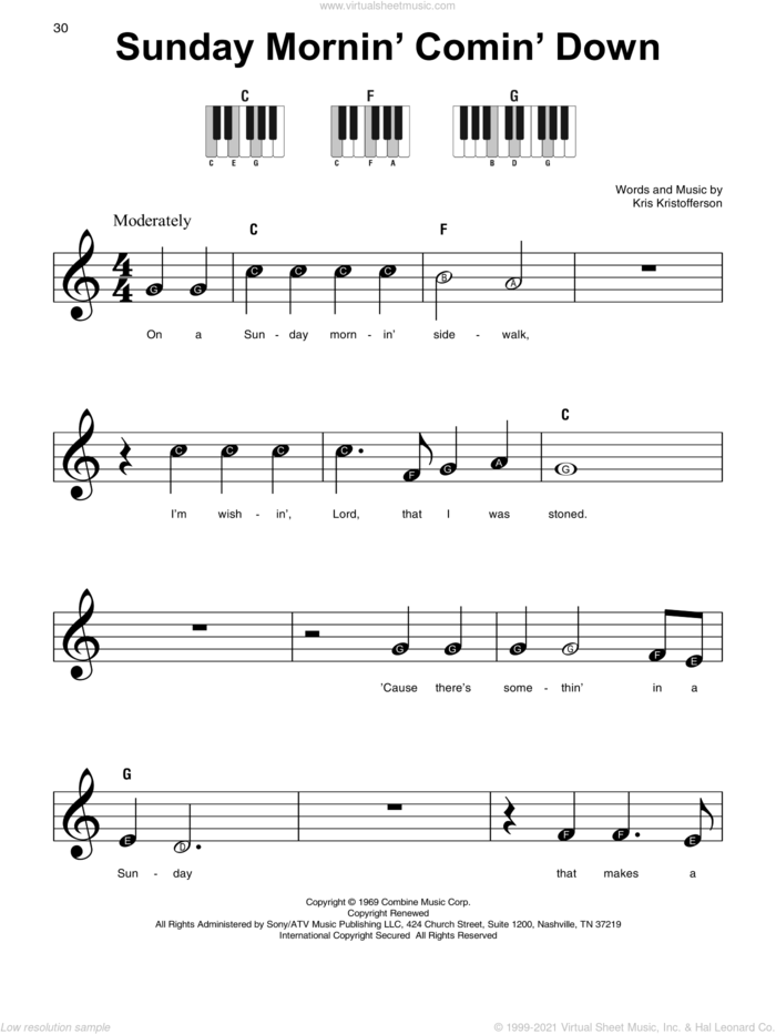 Sunday Mornin' Comin' Down sheet music for piano solo by Johnny Cash and Kris Kristofferson, beginner skill level
