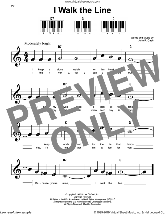 I Walk The Line sheet music for piano solo by Johnny Cash, beginner skill level