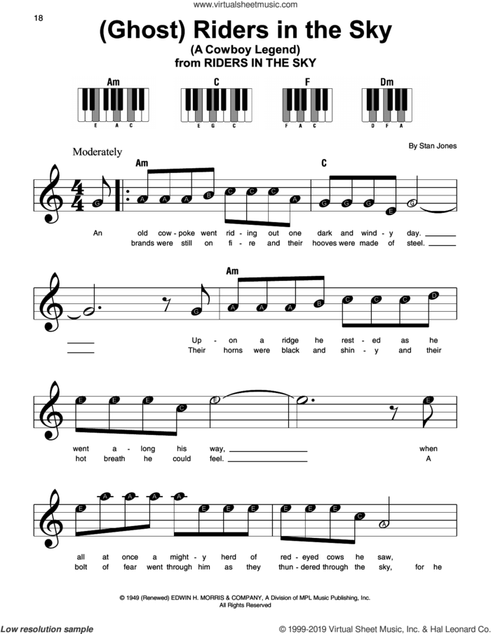 (Ghost) Riders In The Sky (A Cowboy Legend), (beginner) (A Cowboy Legend) sheet music for piano solo by Johnny Cash and Stan Jones, beginner skill level