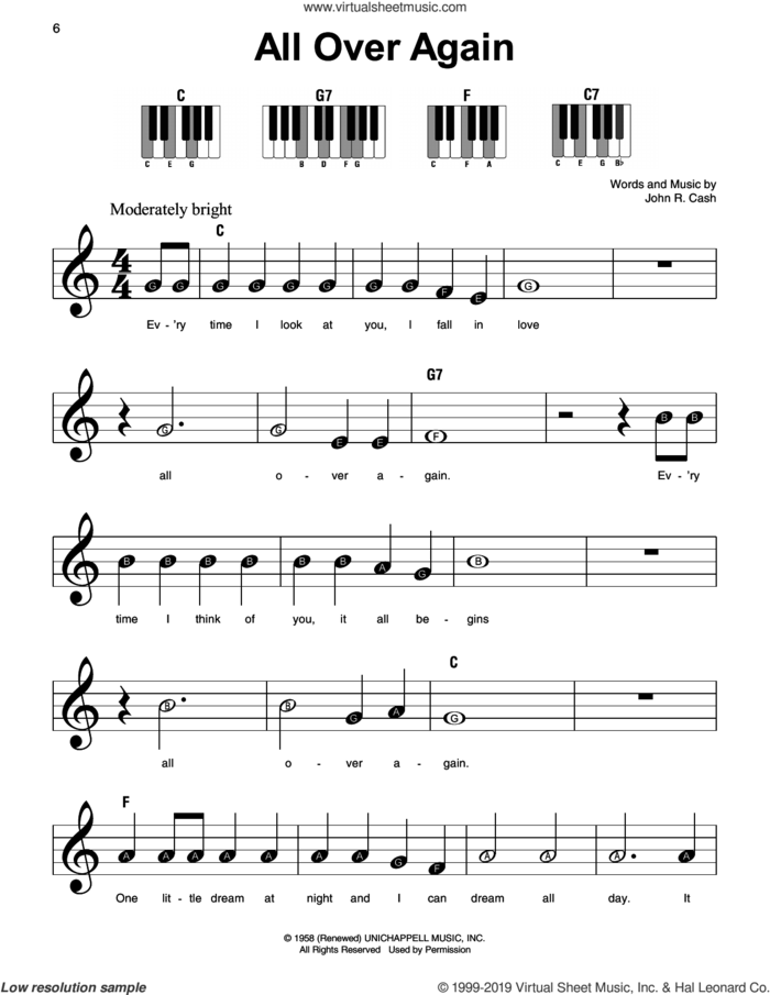 All Over Again sheet music for piano solo by Johnny Cash, beginner skill level