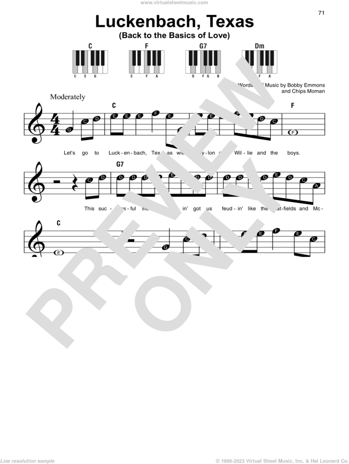 Luckenbach, Texas (Back To The Basics Of Love), (beginner) sheet music for piano solo by Waylon Jennings, Bobby Emmons and Chips Moman, beginner skill level