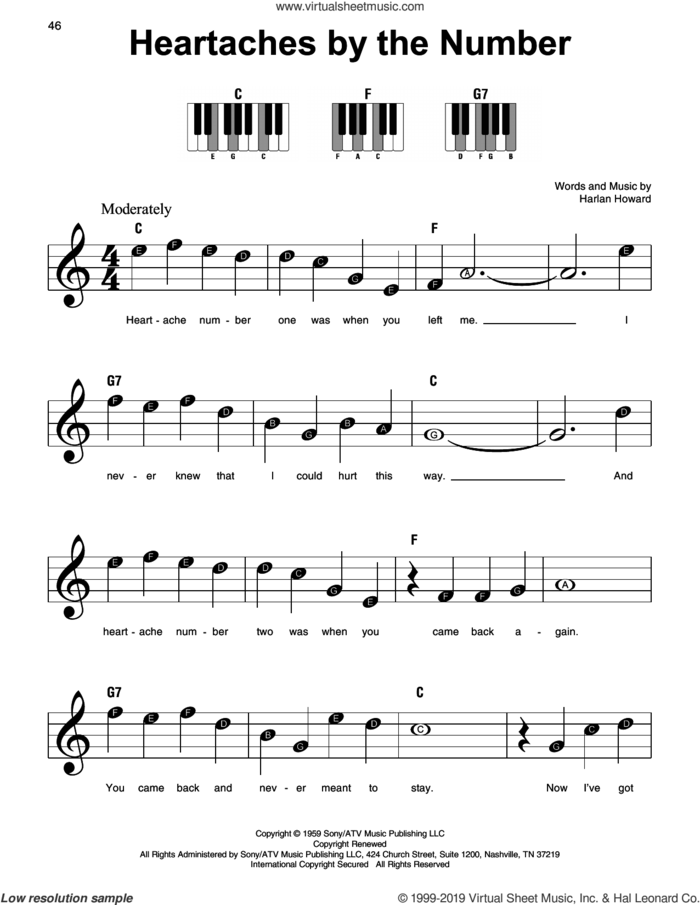 Heartaches By The Number sheet music for piano solo by Guy Mitchell and Harlan Howard, beginner skill level