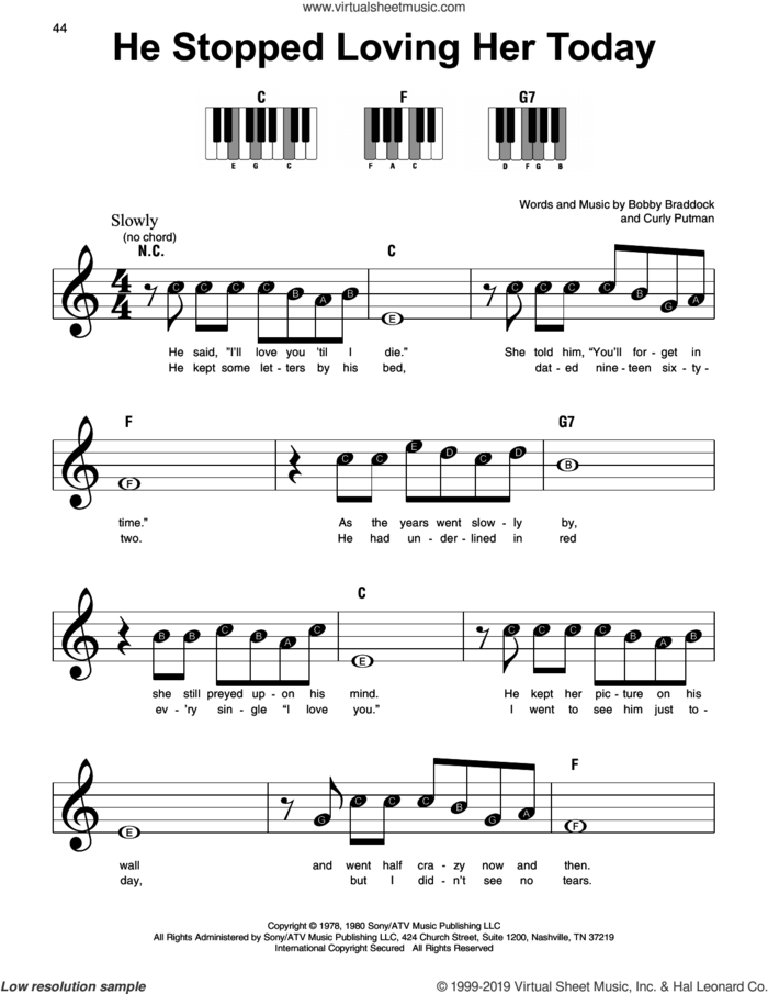 He Stopped Loving Her Today sheet music for piano solo by George Jones, Bobby Braddock and Curly Putman, beginner skill level