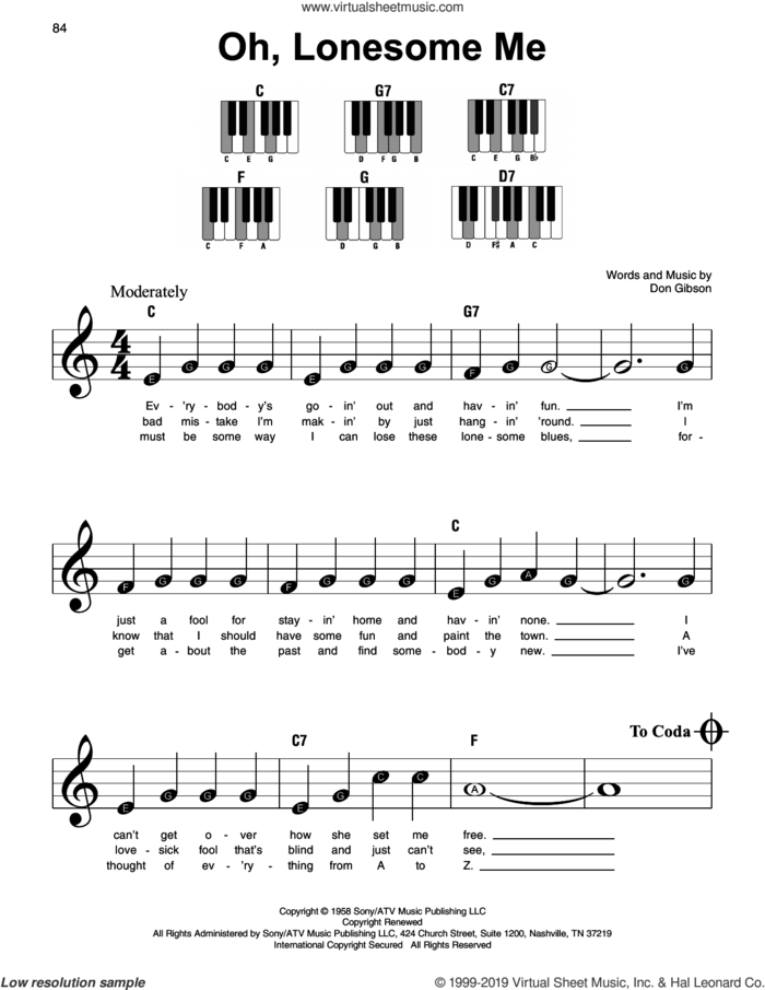 Oh, Lonesome Me sheet music for piano solo by Don Gibson, beginner skill level