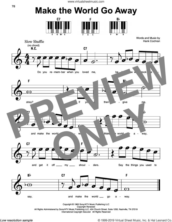 Make The World Go Away sheet music for piano solo by Elvis Presley and Hank Cochran, beginner skill level