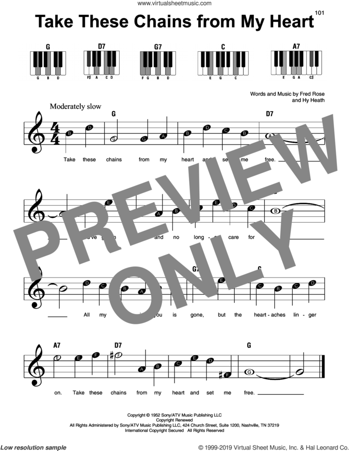 Take These Chains From My Heart, (beginner) sheet music for piano solo by Hank Williams, Fred Rose and Hy Heath, beginner skill level