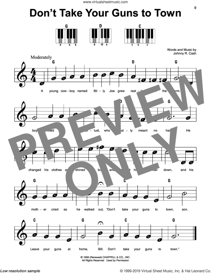 Don't Take Your Guns To Town sheet music for piano solo by Johnny Cash, beginner skill level