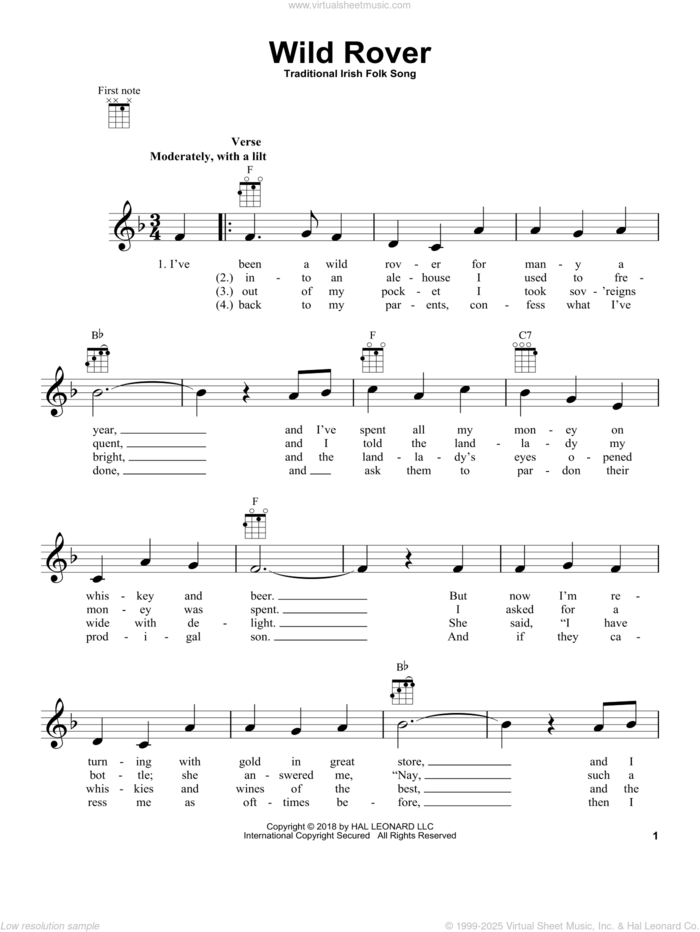 Wild Rover (from The Daily Ukulele) sheet music for ukulele, intermediate skill level