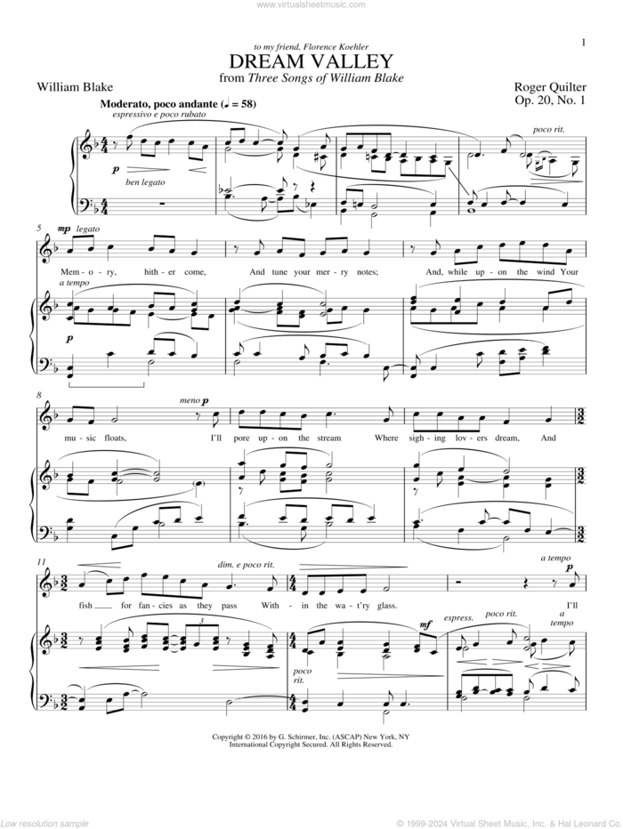 Dream Valley sheet music for voice and piano (Soprano) by Roger Quilter, Joan Frey Boytim and William Blake, intermediate skill level