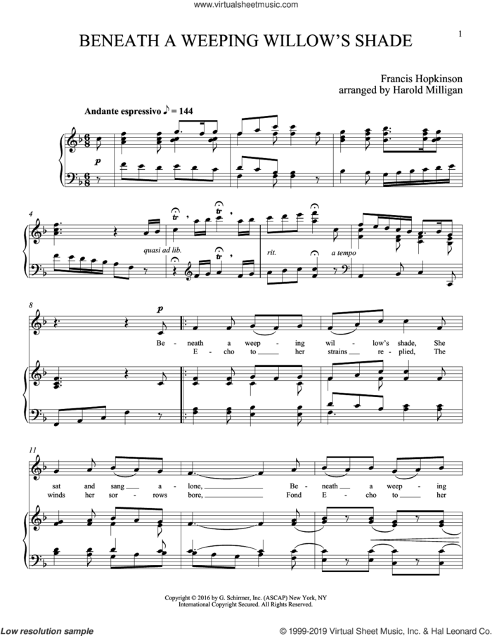 Beneath A Weeping Willow's Shade sheet music for voice and piano (Soprano) by Francis Hopkinson and Joan Frey Boytim, classical score, intermediate skill level