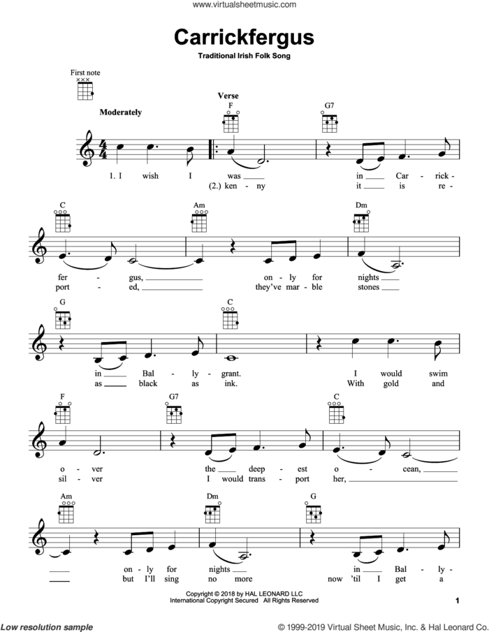 Carrickfergus sheet music for ukulele, intermediate skill level