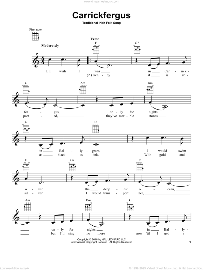 Carrickfergus sheet music for ukulele, intermediate skill level