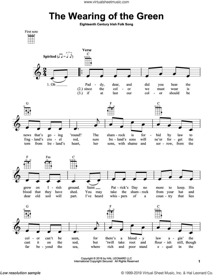 The Wearing Of The Green sheet music for ukulele, intermediate skill level