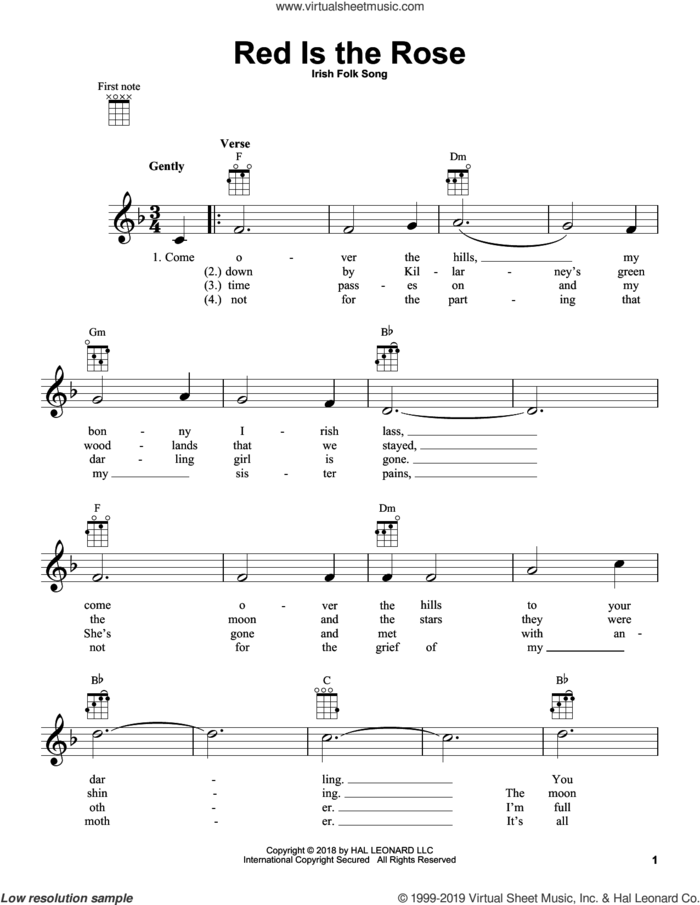 Red Is The Rose sheet music for ukulele by Irish Folk Song, intermediate skill level