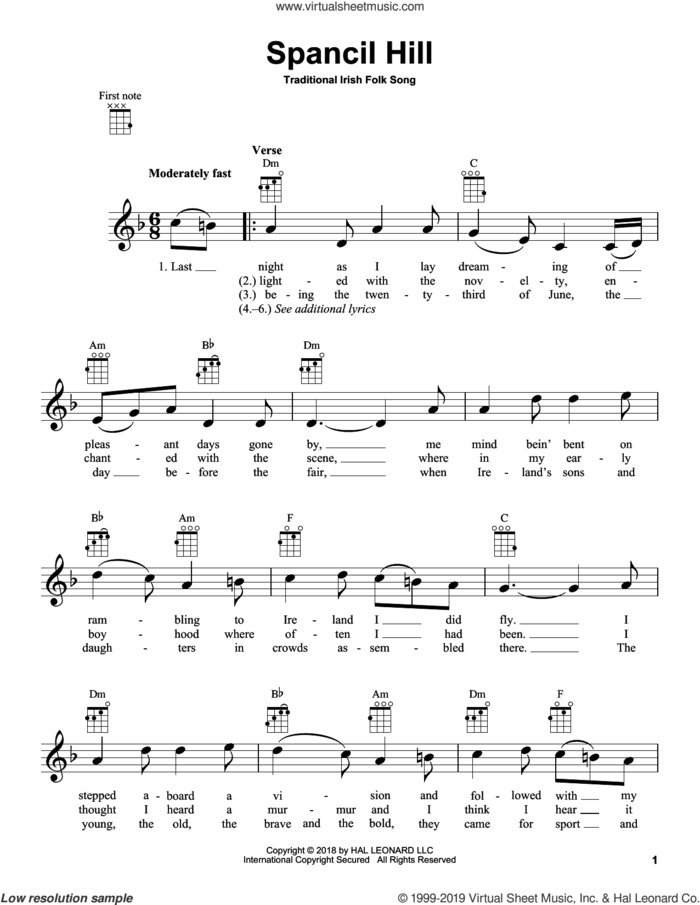 Spancil Hill sheet music for ukulele, intermediate skill level