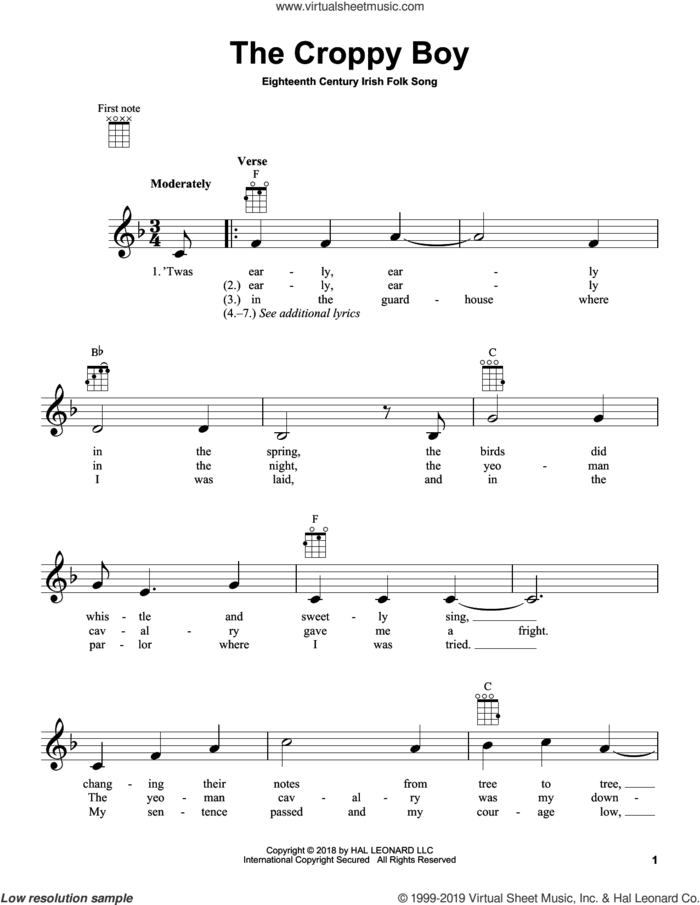 The Croppy Boy sheet music for ukulele  and Irish Folksong - 18th Cent., intermediate skill level