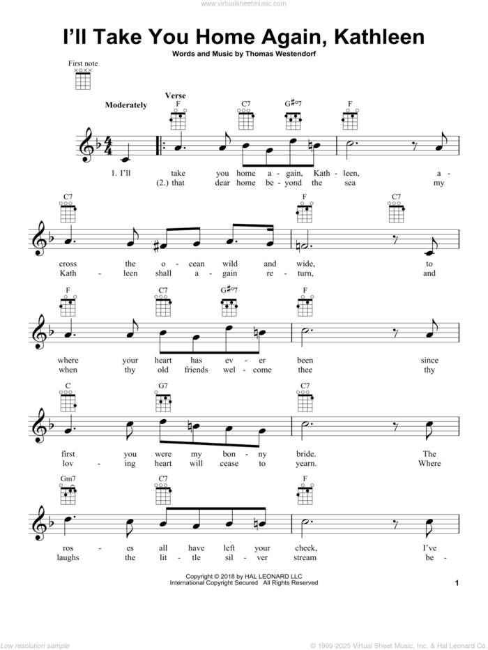 I'll Take You Home Again, Kathleen sheet music for ukulele by Thomas Westendorf, intermediate skill level