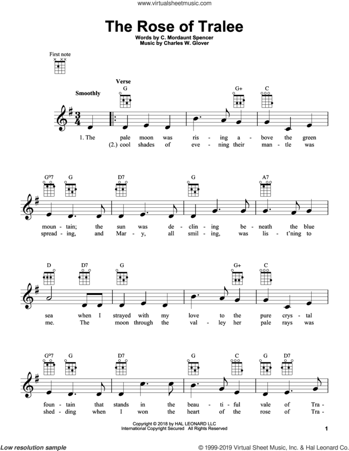 The Rose Of Tralee sheet music for ukulele by Charles W. Glover and C. Mordaunt Spencer, intermediate skill level