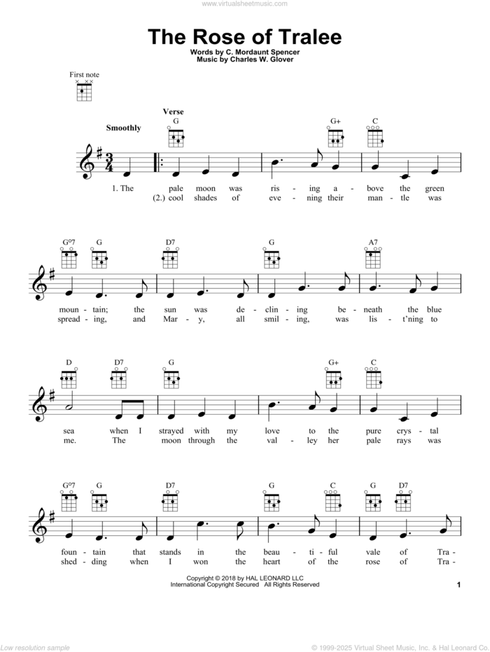 The Rose Of Tralee sheet music for ukulele by Charles W. Glover and C. Mordaunt Spencer, intermediate skill level