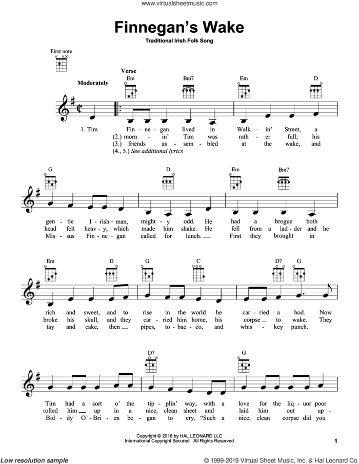 Finnegan's Wake sheet music for ukulele, intermediate skill level
