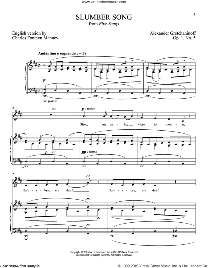 Slumber Song (Berceuse) sheet music for voice and piano (Soprano) by Alexander Gretchaninoff and Joan Frey Boytim, classical score, intermediate skill level