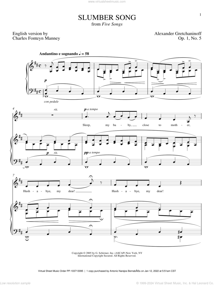 Slumber Song (Berceuse) sheet music for voice and piano (Soprano) by Alexander Gretchaninoff and Joan Frey Boytim, classical score, intermediate skill level