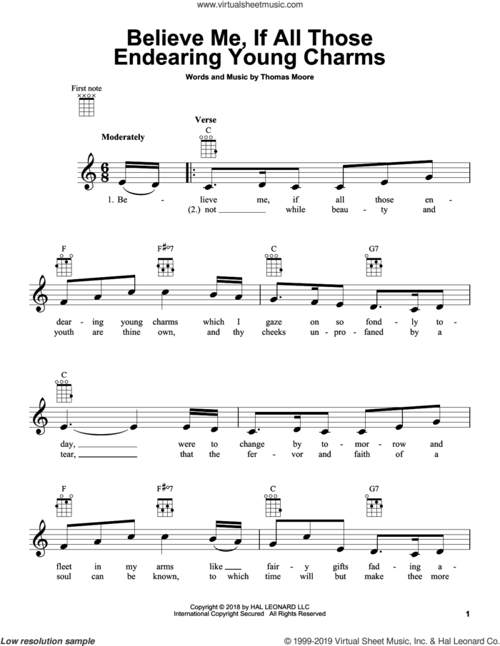 Believe Me, If All Those Endearing Young Charms sheet music for ukulele by Thomas Moore, intermediate skill level