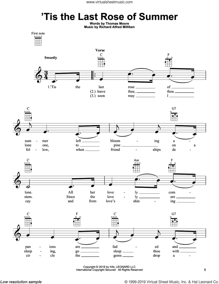 'Tis The Last Rose Of Summer sheet music for ukulele by Thomas Moore and Miscellaneous, classical score, intermediate skill level