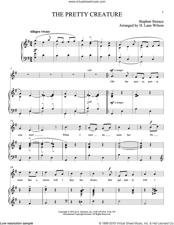 The Pretty Creature sheet music for voice and piano (Tenor) by Stephen Storace and H. Lane Wilson (arr.), classical score, intermediate skill level
