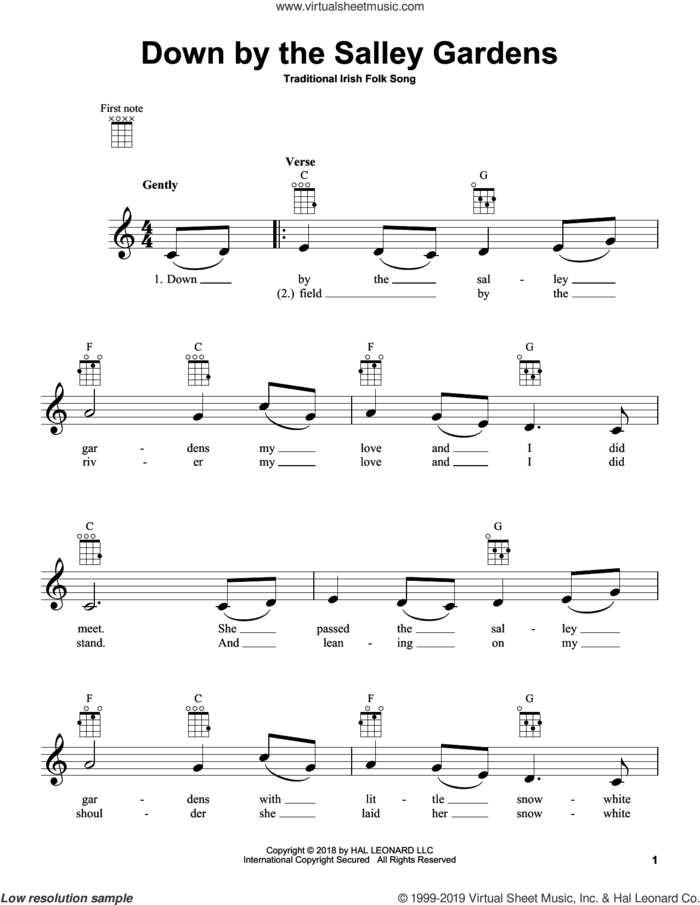 Down By The Salley Gardens sheet music for ukulele, intermediate skill level