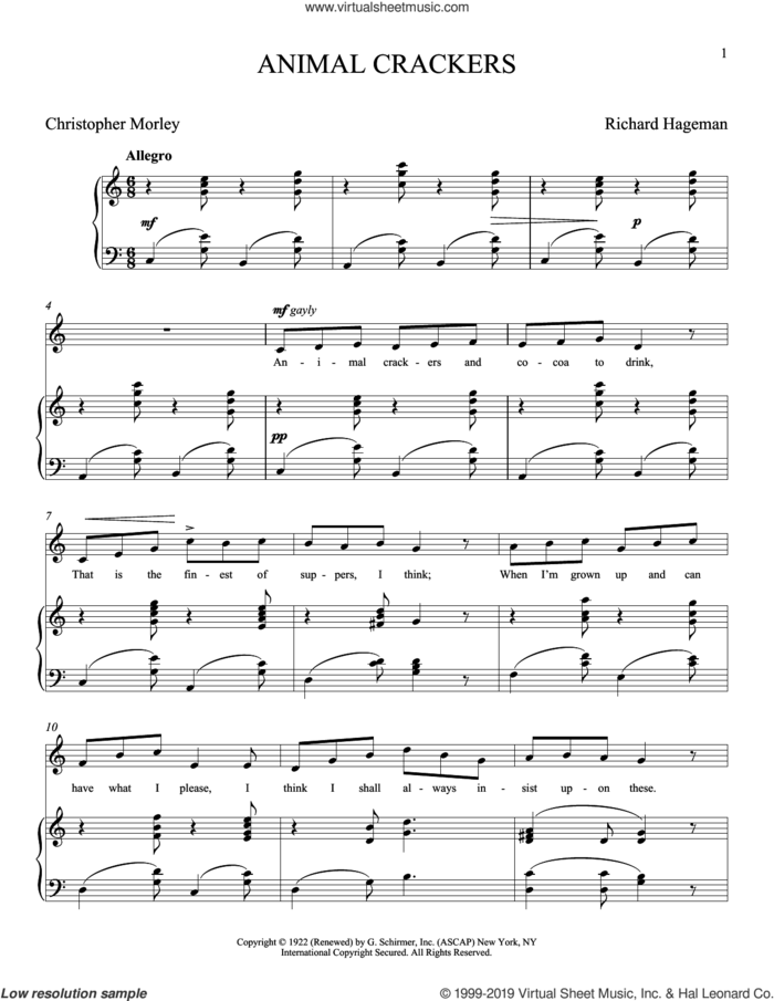 Animal Crackers sheet music for voice and piano by Christopher Morley, Joan Frey Boytim and Richard Hageman, classical score, intermediate skill level
