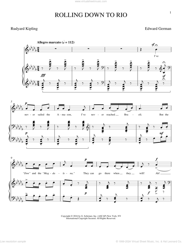 Rolling Down To Rio sheet music for voice and piano (Tenor) by Edward German and Rudyard Kipling, classical score, intermediate skill level