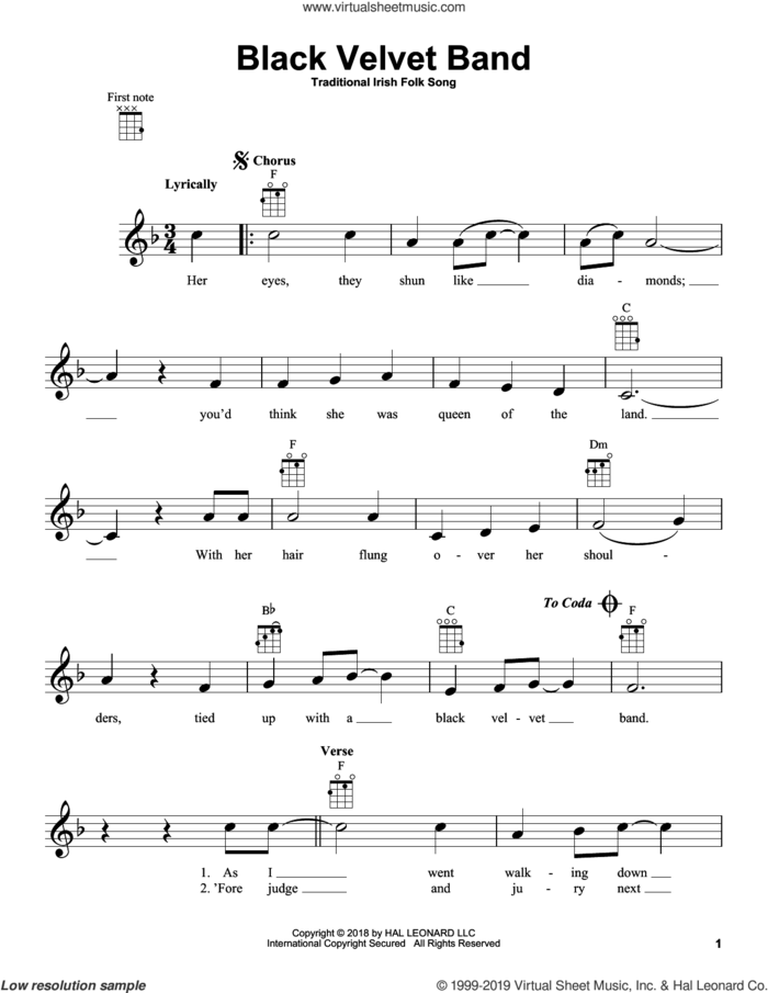 Black Velvet Band sheet music for ukulele, intermediate skill level