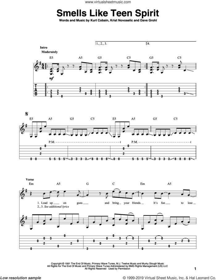 Smells Like Teen Spirit, (intermediate) sheet music for guitar solo by Nirvana, Dave Grohl, Krist Novoselic and Kurt Cobain, intermediate skill level