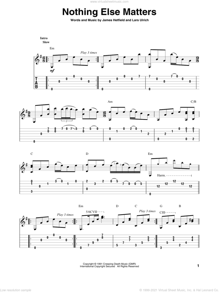 Nothing Else Matters sheet music for guitar solo by Metallica, James Hetfield and Lars Ulrich, intermediate skill level