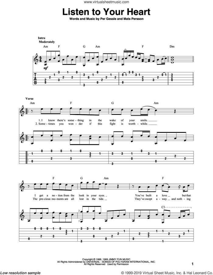 Listen To Your Heart sheet music for guitar solo by Roxette, D.H.T., DHT, Mats Persson and Per Gessle, intermediate skill level