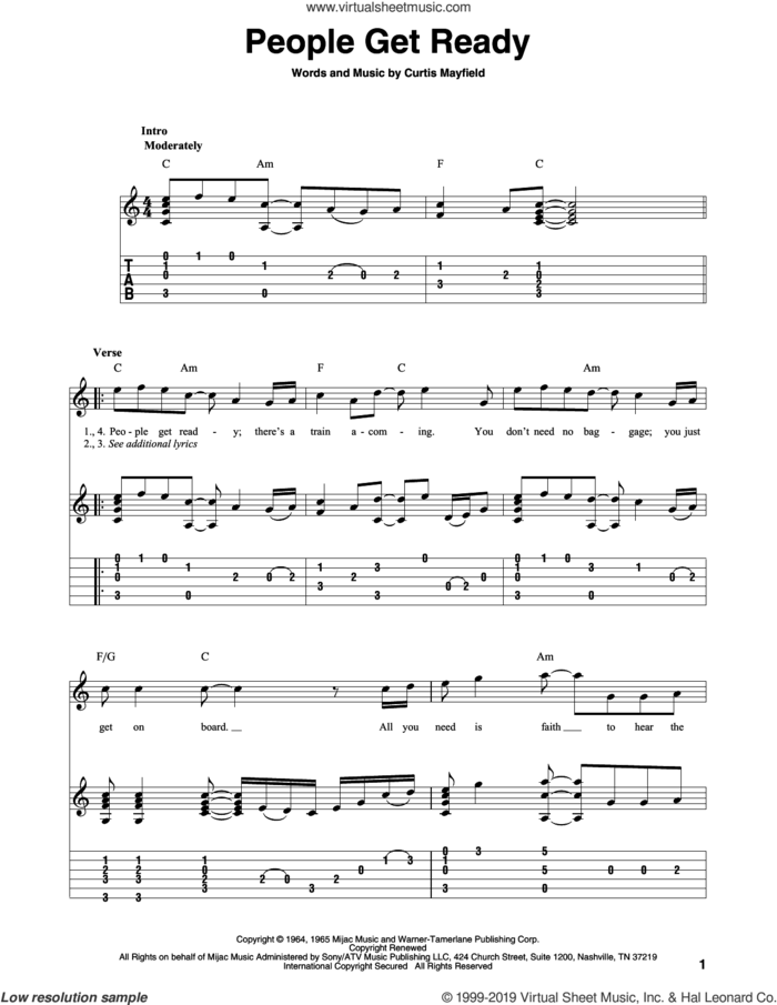 People Get Ready sheet music for guitar solo by The Impressions, Bob Marley, Rod Stewart and Curtis Mayfield, intermediate skill level