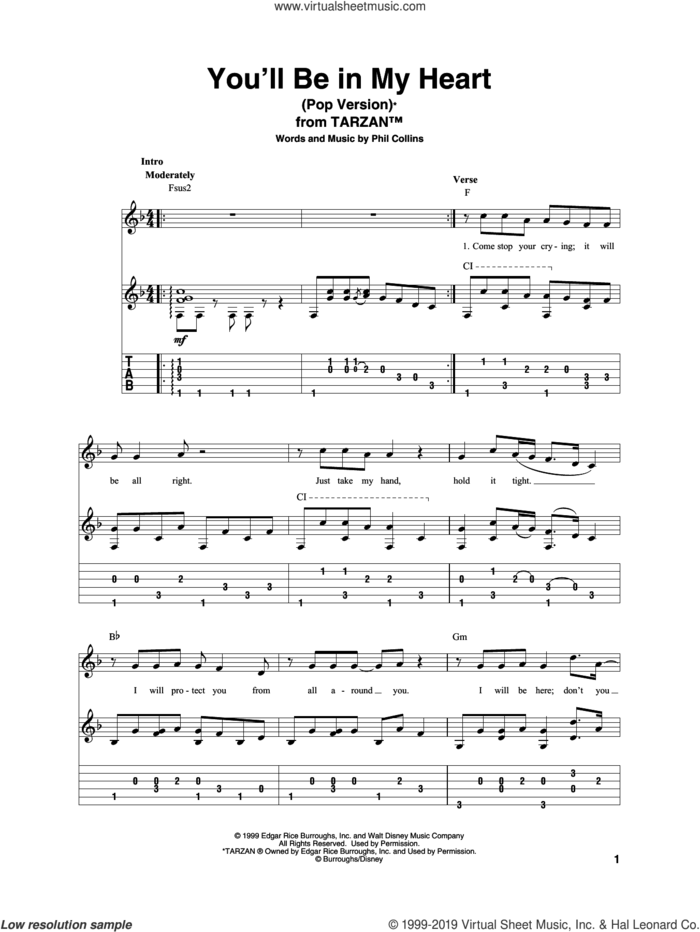 You'll Be In My Heart (Pop Version) (from Tarzan) sheet music for guitar solo by Phil Collins, intermediate skill level
