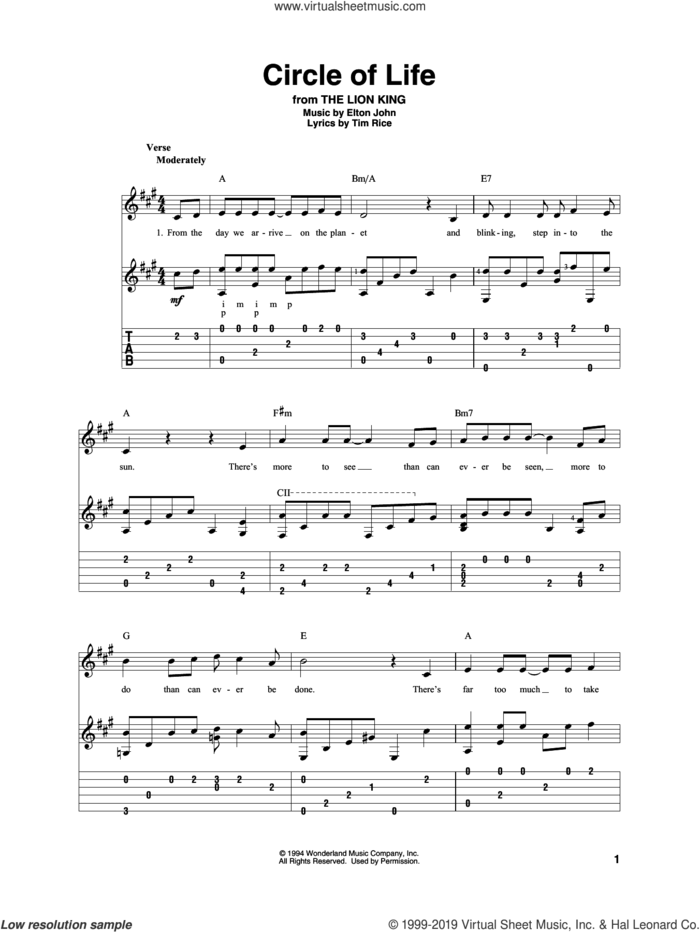 Circle Of Life (from The Lion King) sheet music for guitar solo by Elton John and Tim Rice, intermediate skill level