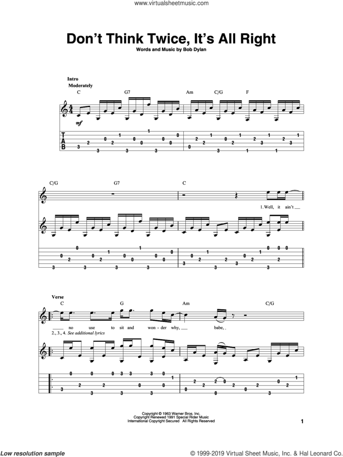 Don't Think Twice, It's All Right sheet music for guitar solo by Bob Dylan, intermediate skill level