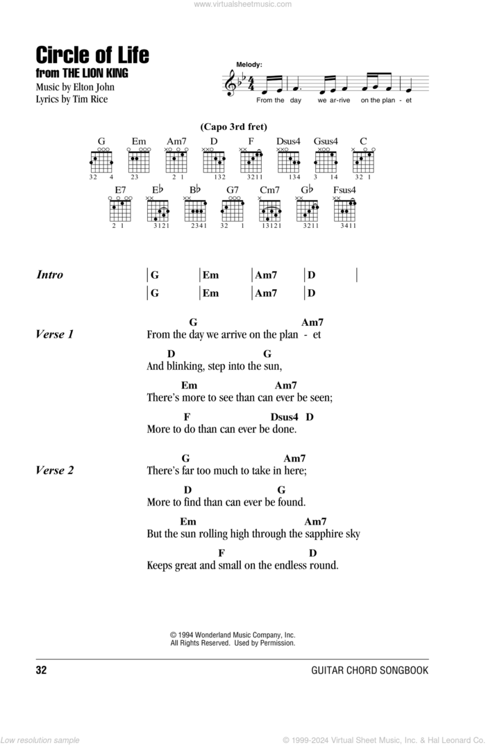 Circle Of Life (from The Lion King) sheet music for guitar (chords) by Elton John and Tim Rice, intermediate skill level