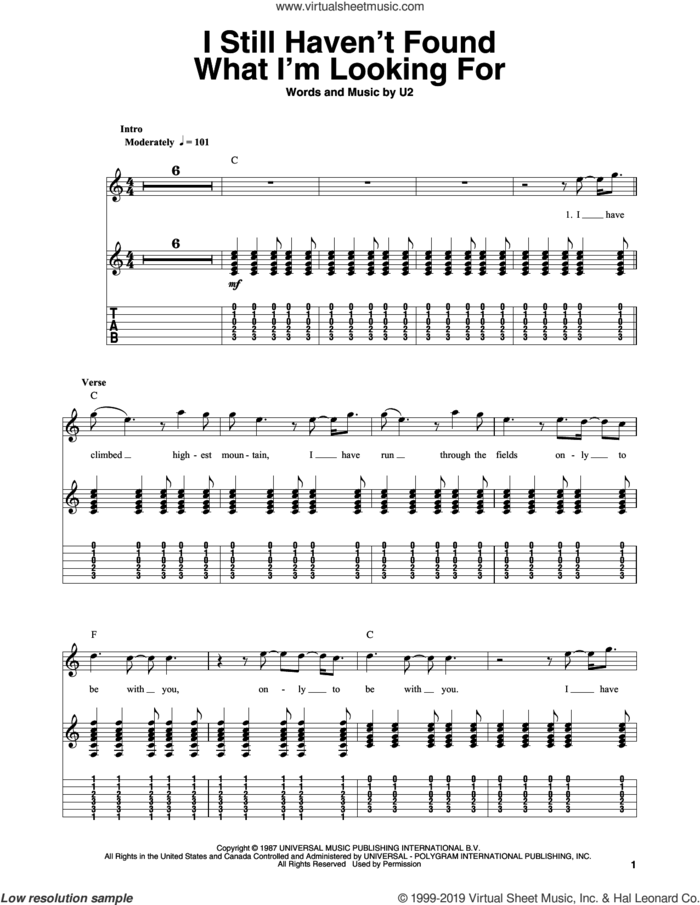 I Still Haven't Found What I'm Looking For sheet music for guitar (tablature, play-along) by U2 and David Cook, intermediate skill level