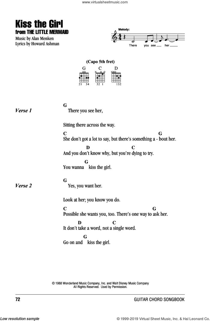 Kiss The Girl (from The Little Mermaid) sheet music for guitar (chords) by Alan Menken, Alan Menken & Howard Ashman and Howard Ashman, intermediate skill level