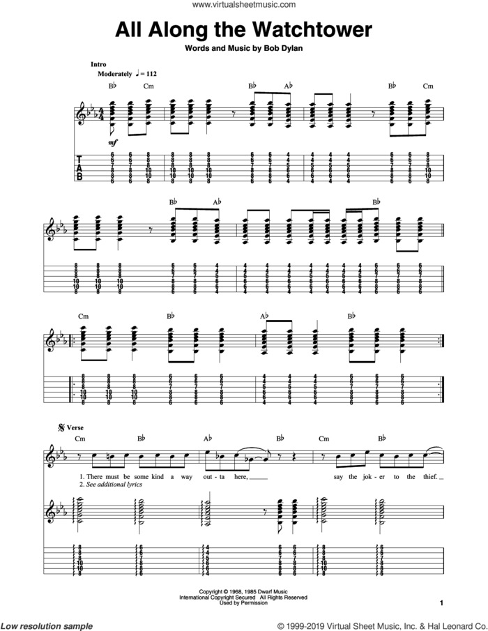 All Along The Watchtower sheet music for guitar (tablature, play-along) by The Jimi Hendrix Experience and Bob Dylan, intermediate skill level