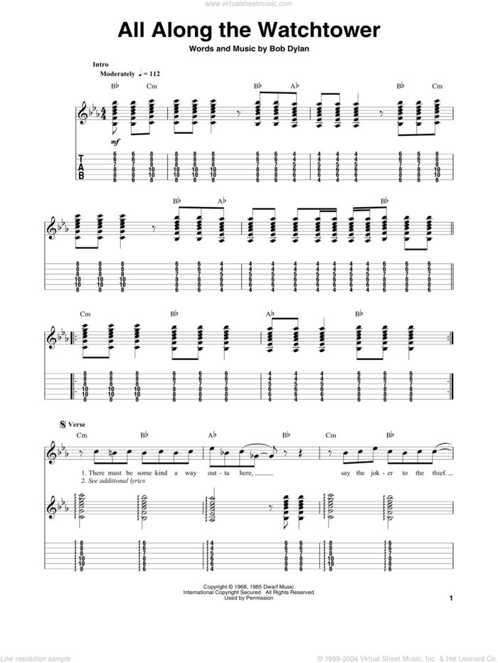 All Along The Watchtower sheet music for guitar (tablature, play-along) by The Jimi Hendrix Experience and Bob Dylan, intermediate skill level