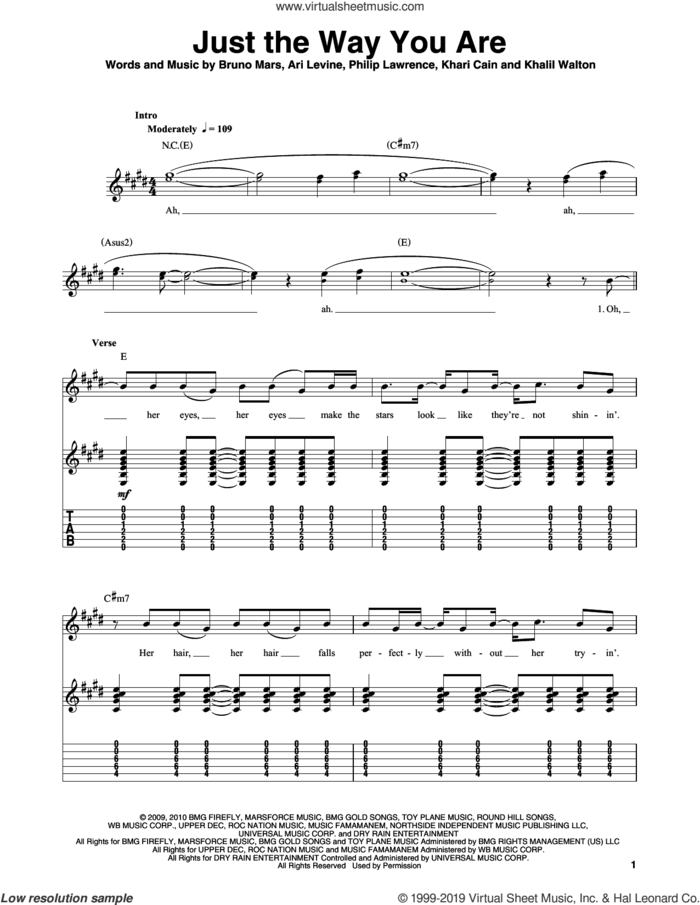 Just The Way You Are sheet music for guitar (tablature, play-along) by Bruno Mars, Khalil Walton, Khari Cain and Philip Lawrence, wedding score, intermediate skill level
