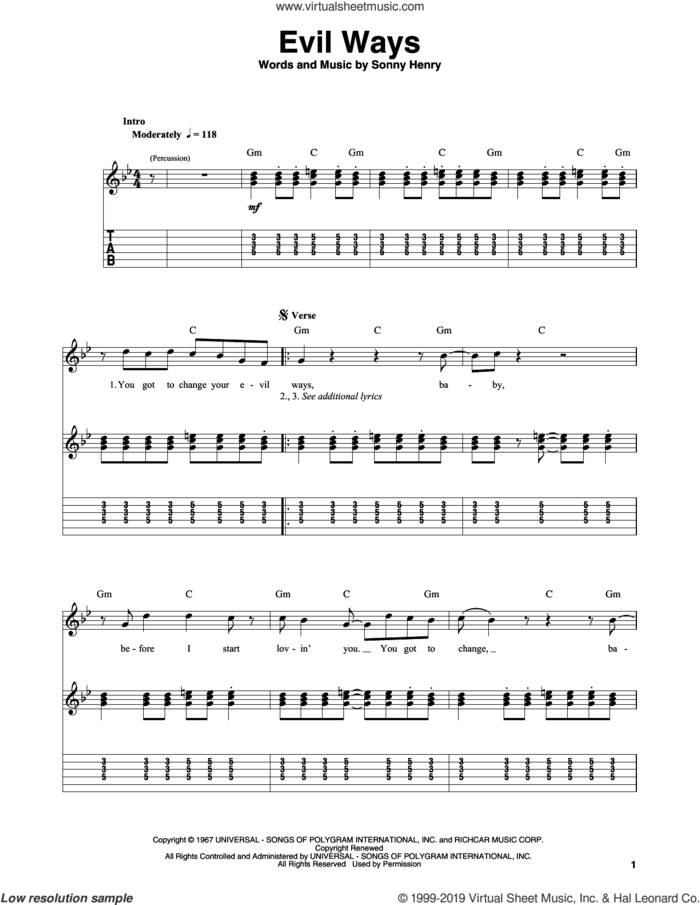 Evil Ways sheet music for guitar (tablature, play-along) by Carlos Santana and Sonny Henry, intermediate skill level