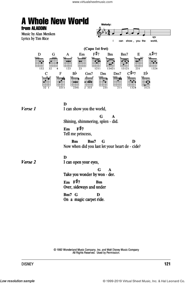 A Whole New World (from Aladdin) sheet music for guitar (chords) by Alan Menken, Alan Menken & Tim Rice and Tim Rice, wedding score, intermediate skill level
