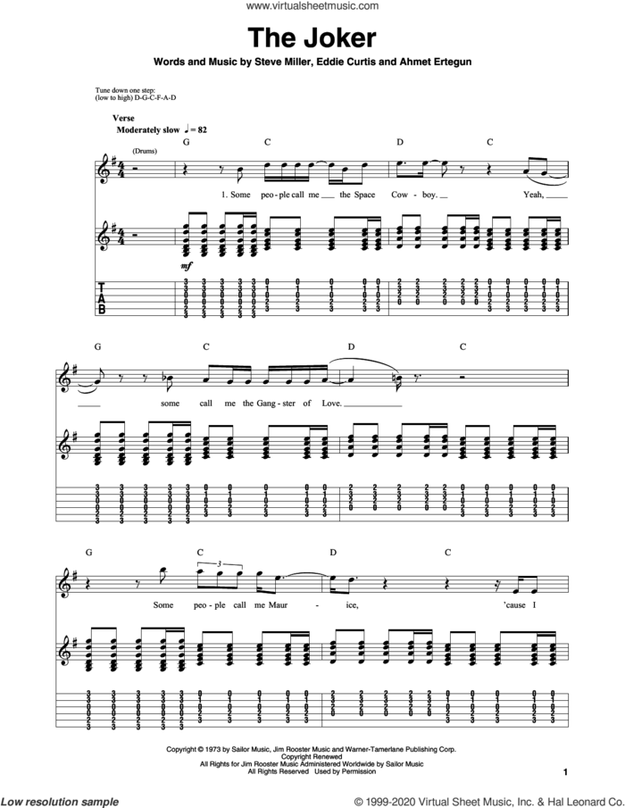 The Joker sheet music for guitar (tablature, play-along) by Steve Miller Band, Ahmet Ertegun, Eddie Curtis and Steve Miller, intermediate skill level