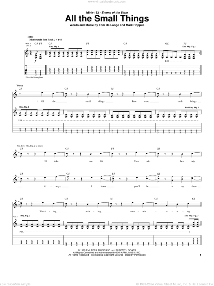 All The Small Things sheet music for guitar (tablature) by Blink-182, Mark Hoppus and Tom DeLonge, intermediate skill level